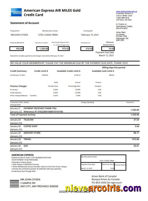 Canada American Express Air Miles Gold Credit Card excel pdf